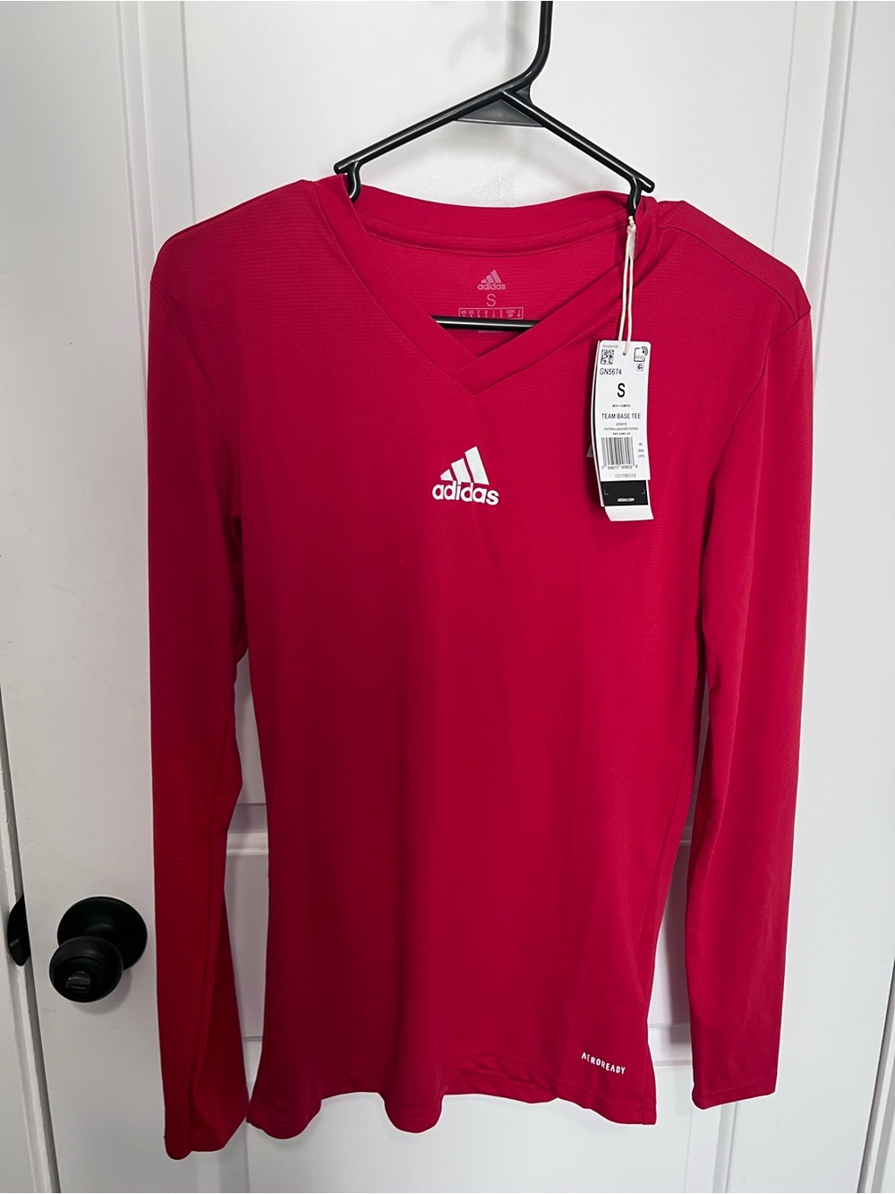 Adidas Red V-Neck Team Base Tee with White Logo